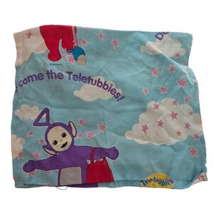 Vintage Teletubbies Twin Flat Sheet Blue Pink Clouds Stars 1998 Ragdoll